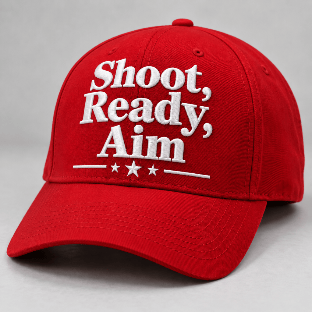 Red baseball cap featuring the text 'Shoot, Ready, Aim' in white embroidery.