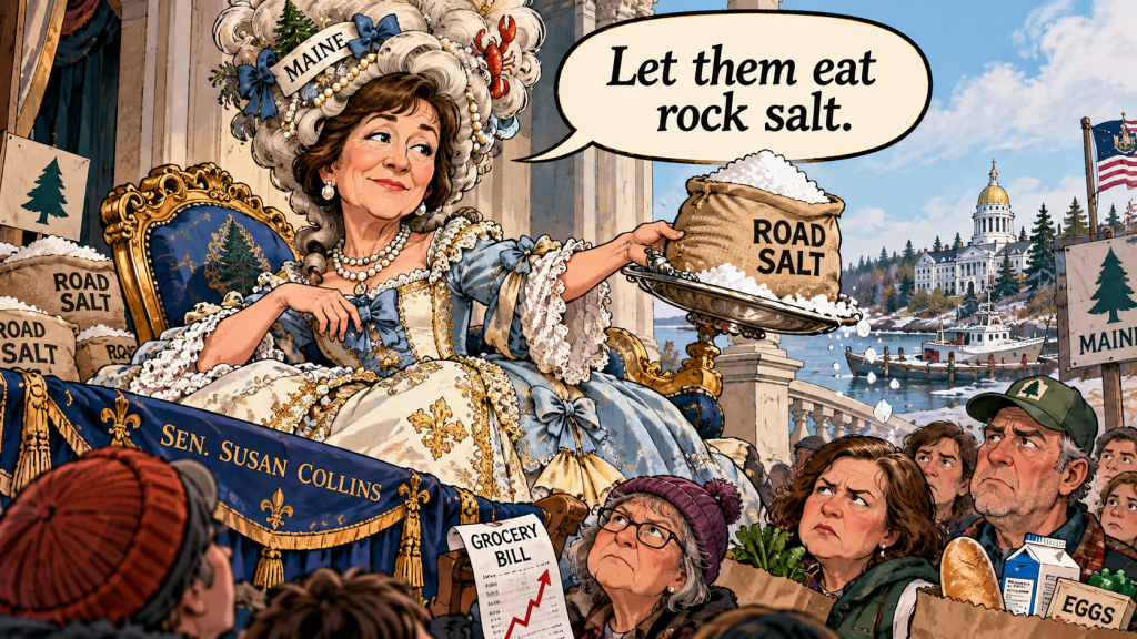 An illustrated scene depicting Senator Susan Collins dressed regally, seated on a throne surrounded by bags labeled 'ROAD SALT', while addressing a crowd with a speech bubble saying, 'Let them eat rock salt.' The crowd appears frustrated, holding signs like 'GROCERY BILL' and 'MAINE'.